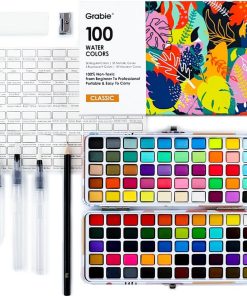 Grabie Watercolor Paint Set of 100 Color with Water Brush Pens | Water Brush Pens Included. Portable Carrying Case. High Pigment Paints. Smooth Blending. Travel Painting